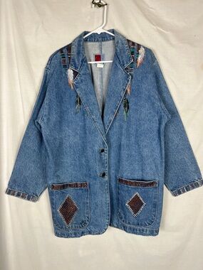Vintage 1990s Sunbelt Denim Handpainted Blazer Jacket Feathers Western
